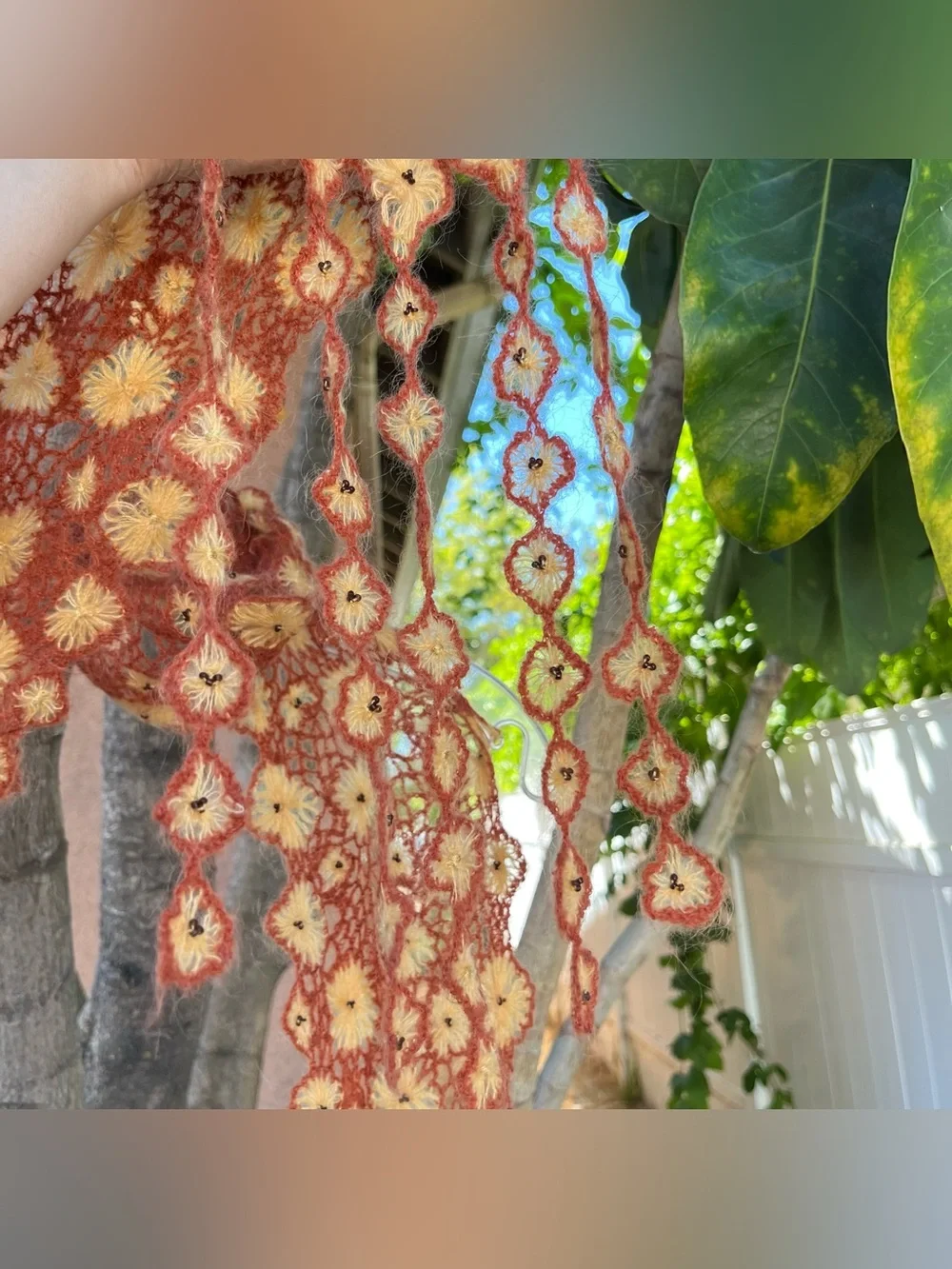 Rust & Yellow Floral Crochet Scarf with Beaded Details & Fringe.